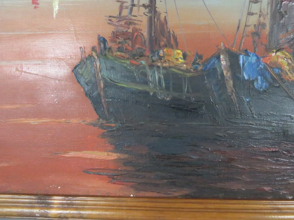 Olieverfschilderij met zeilboten en zonsondergang - foto 7