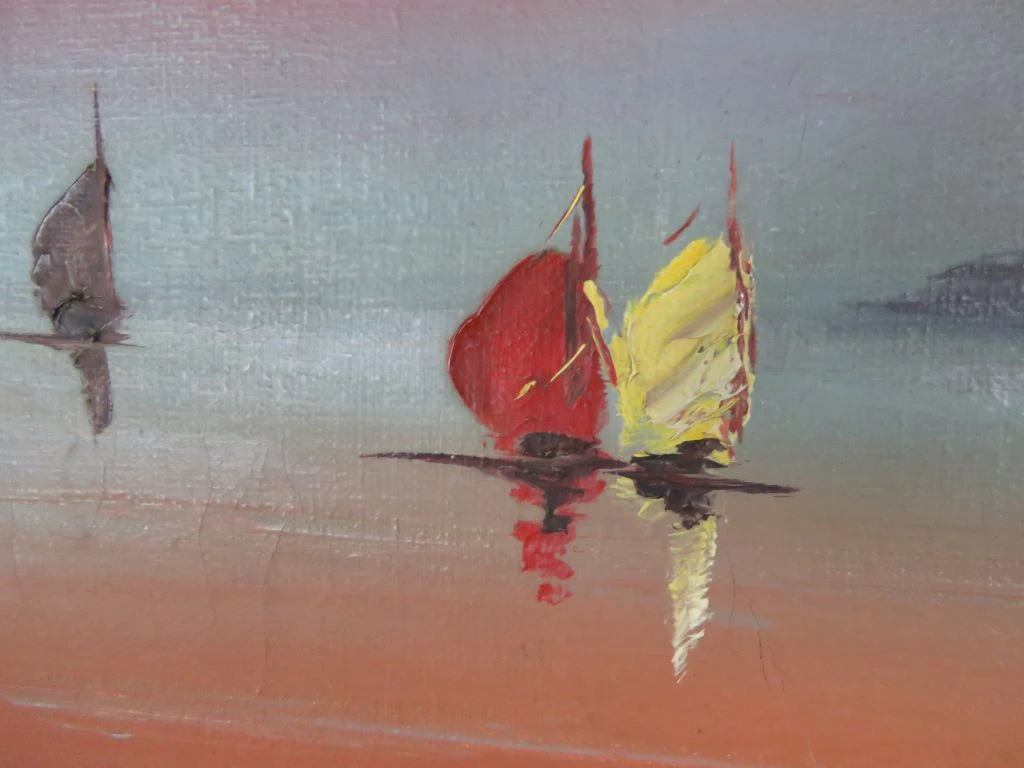 Olieverfschilderij met zeilboten en zonsondergang - foto 6