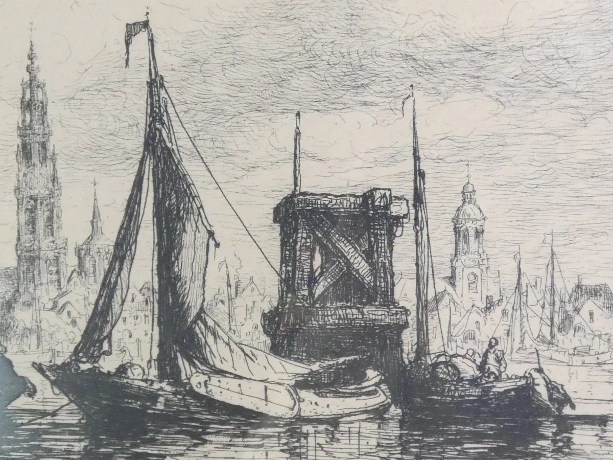 Ingelijste ets havenzicht - gesigneerd Rik Schaefels - foto 3