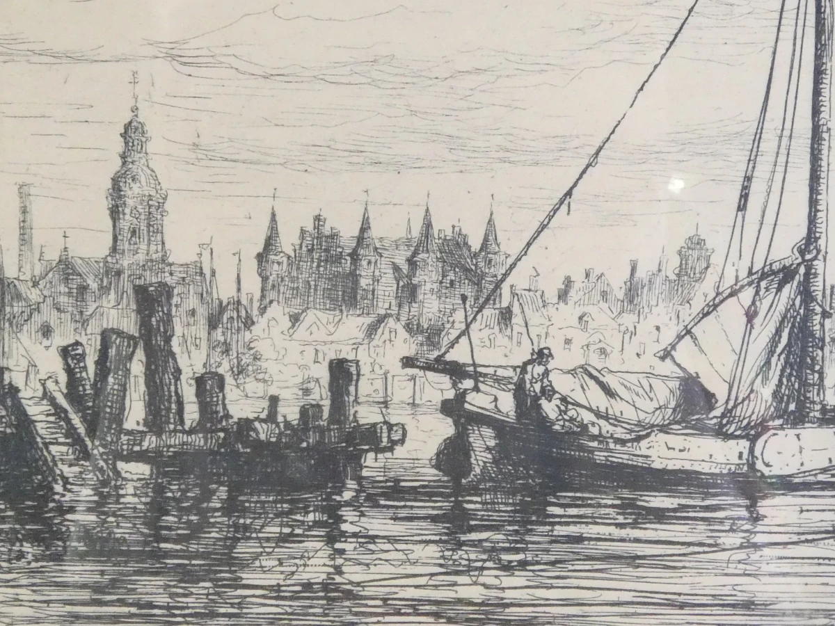 Ingelijste ets havenzicht - gesigneerd Rik Schaefels - foto 4