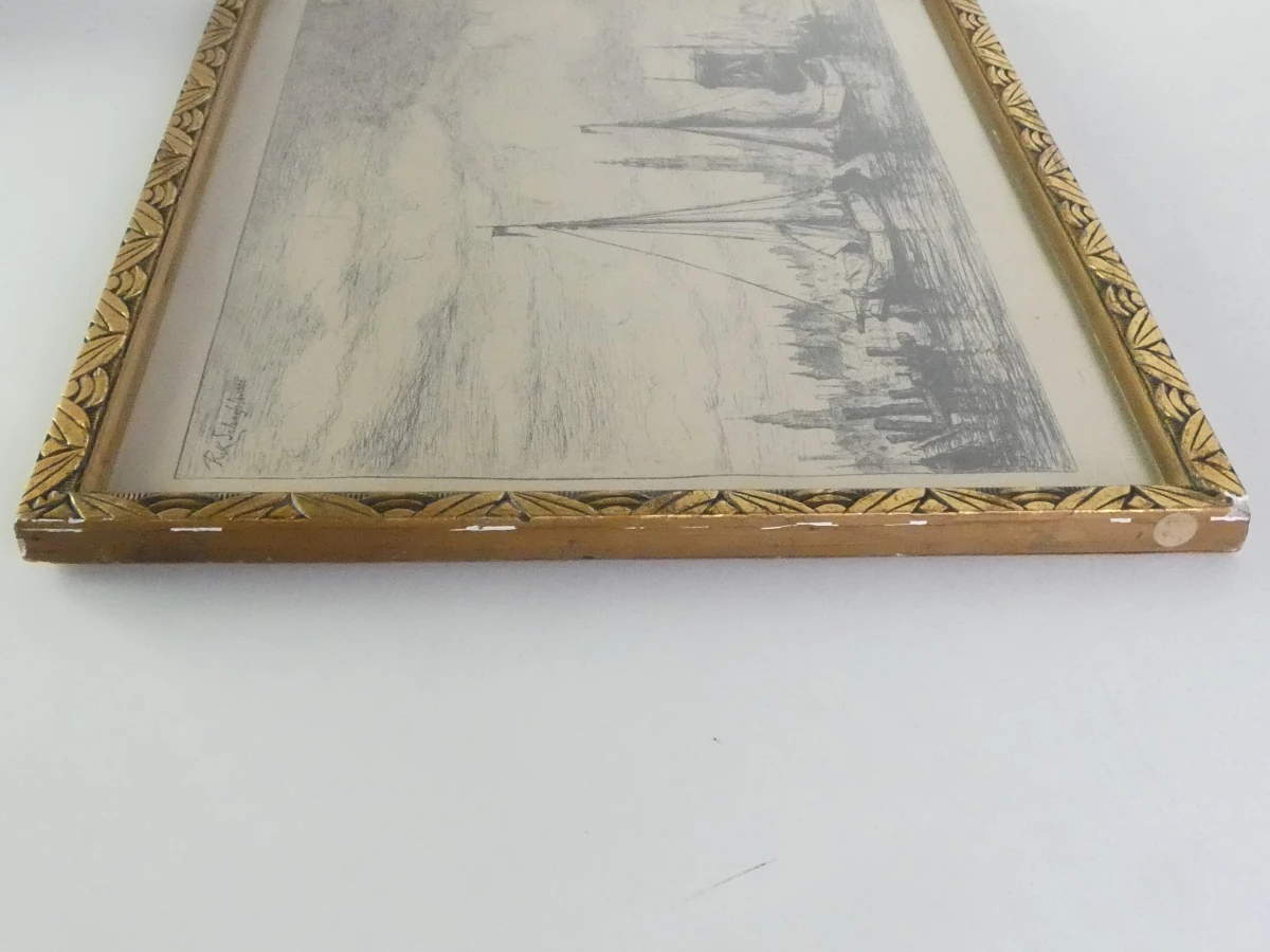 Ingelijste ets havenzicht - gesigneerd Rik Schaefels - foto 11