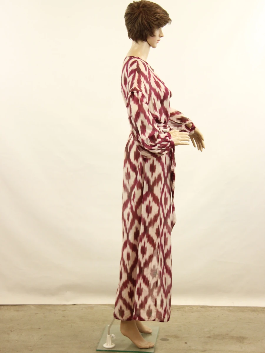 Bazar Deluxe maxi jurk met paarsrode-wit patroon en ceintuur - maat: 40 - foto 2