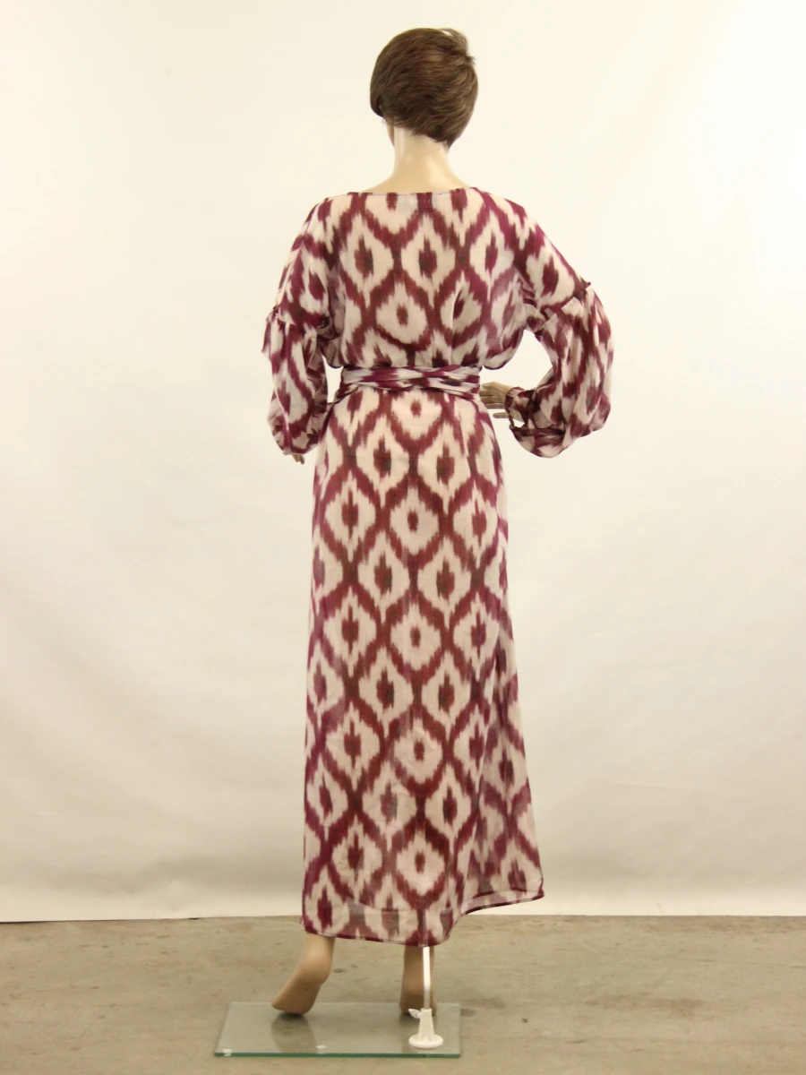 Bazar Deluxe maxi jurk met paarsrode-wit patroon en ceintuur - maat: 40 - foto 3