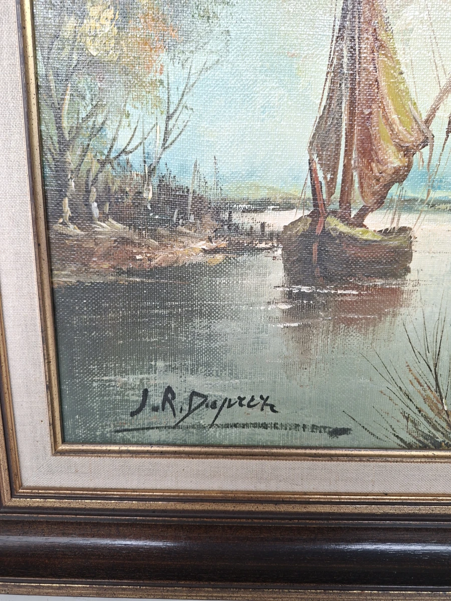 ⛵ Sfeervol Vintage Olieverfschilderij – "Huisje aan het Water met Zeilboot" door J.R. Deprez (Inclusief Luxe Houten Goudlijst)⛵ - foto 2