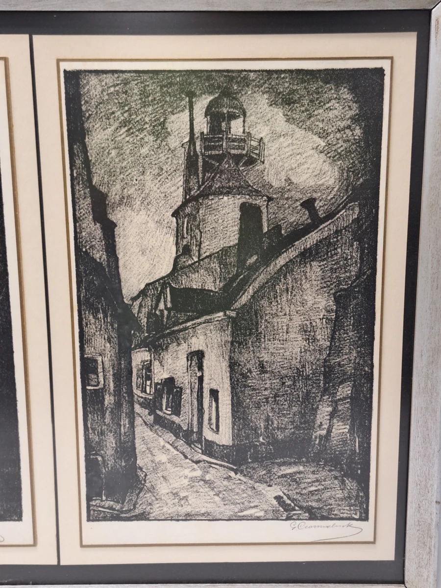 Gesigneerd drieluik met nachtelijke stadsgezichten, gedateerd 1949 - Gustaaf Crommelynck - foto 3