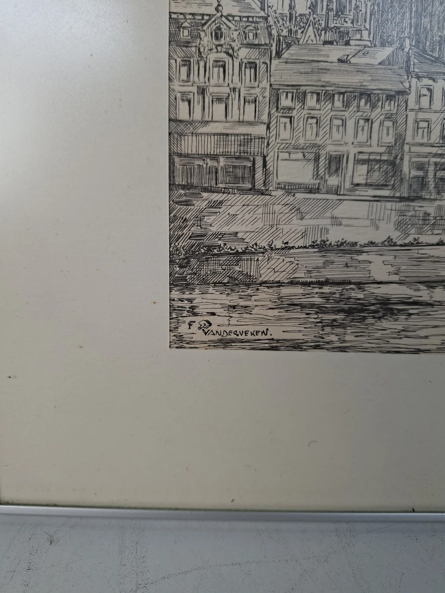 🖼️ Gedetailleerde Gravure/Ets "Zicht op de Maas met Collegiale Kerk Dinant" door Frans Vanderveken 🖼️ - foto 2