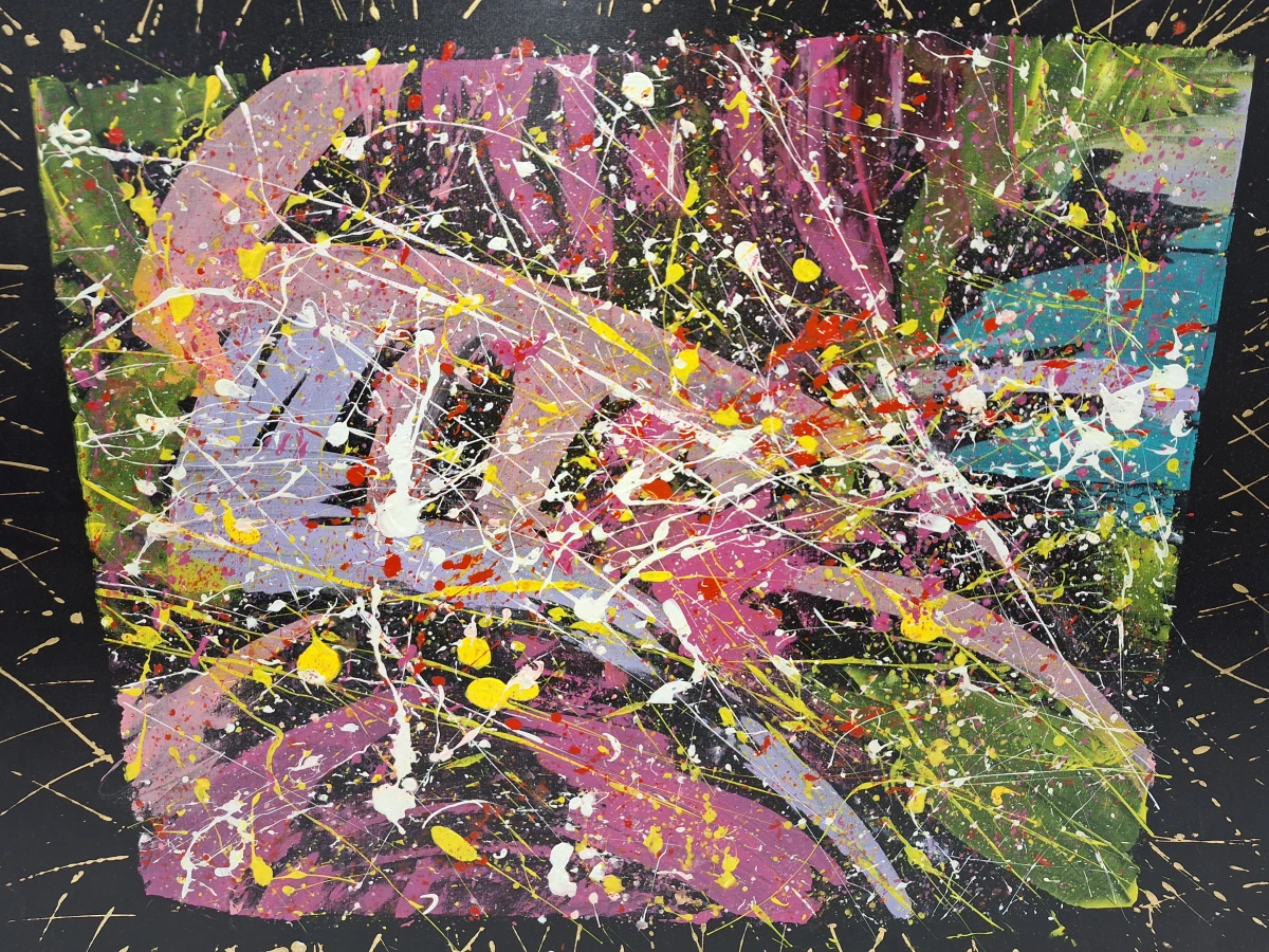 Kleurrijk abstract schilderij in action-paintingstijl, gesigneerd - B. Masson - foto 2
