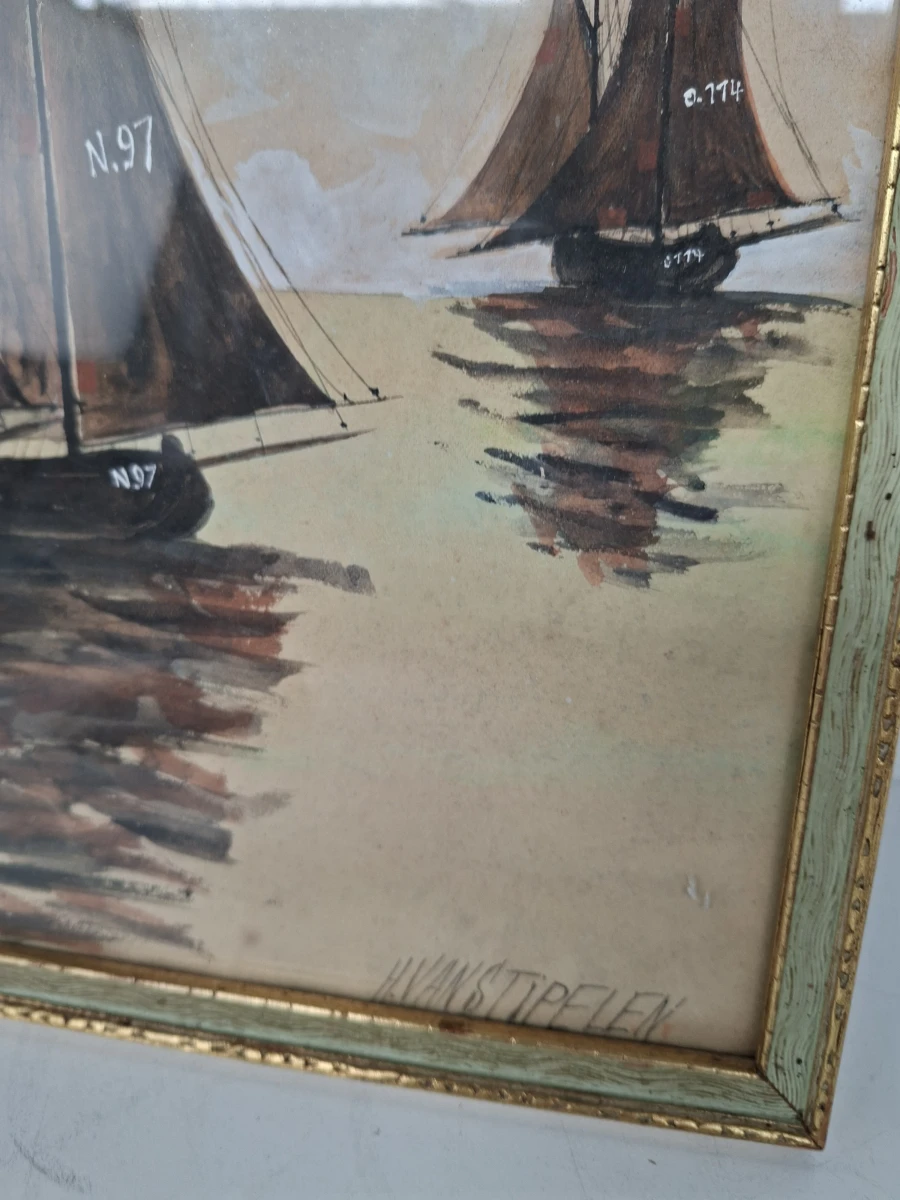 ⚓ Maritiem Olieverfschilderij – "Vloot van Botters op Kalme Zee" door H. van Stipelen (52 x 35 cm) - foto 2