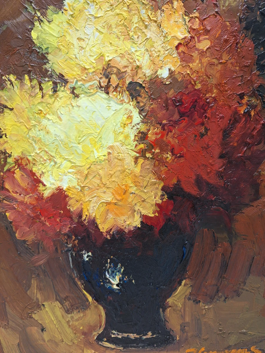 gesigneerd bloemstilleven in olieverf met expressief impasto - Juul Keppens - foto 3