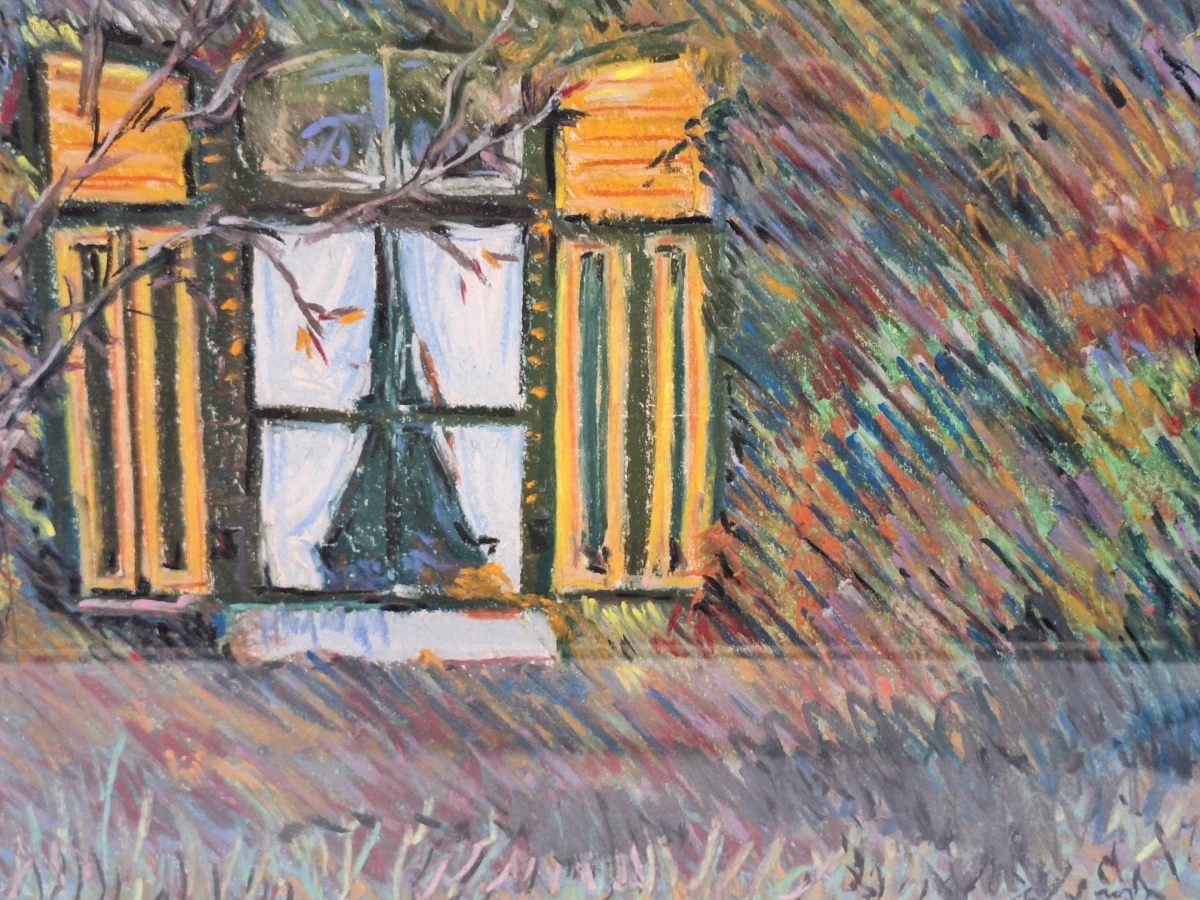 Pastel - Expressief raam met gele luiken - gesigneerd M.E. ’89 - foto 3
