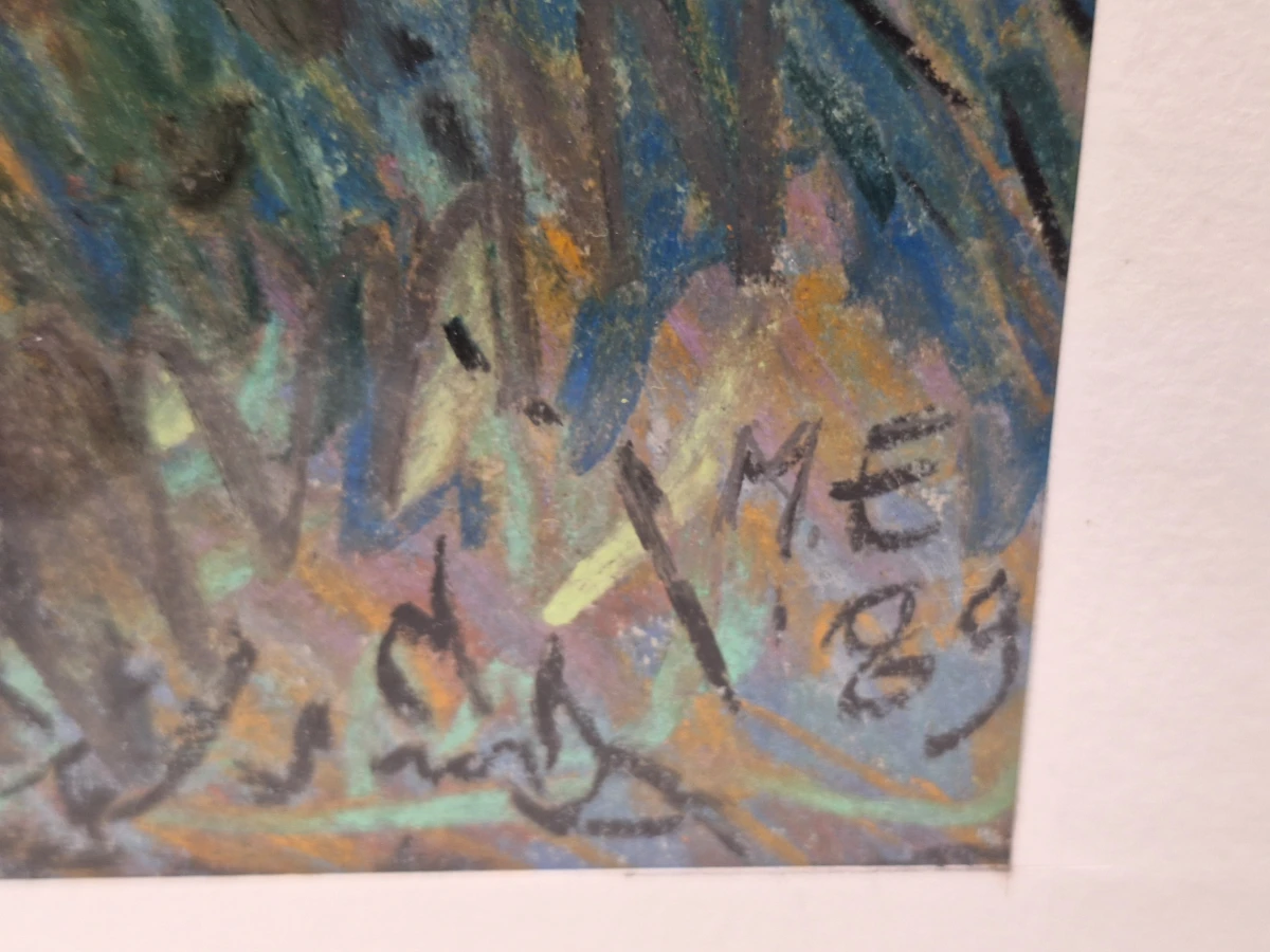 Pastel - Expressief raam met gele luiken - gesigneerd M.E. ’89 - foto 4