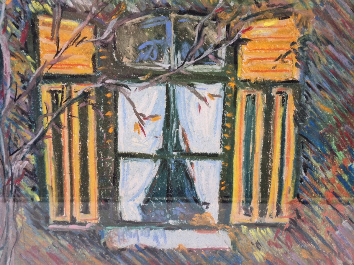 Pastel - Expressief raam met gele luiken - gesigneerd M.E. ’89 - foto 2