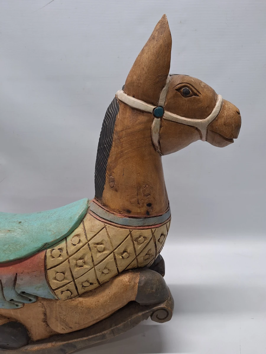 Vintage handgesneden houten schommelezel - beschilderd Aziatisch decoratiestuk - foto 6