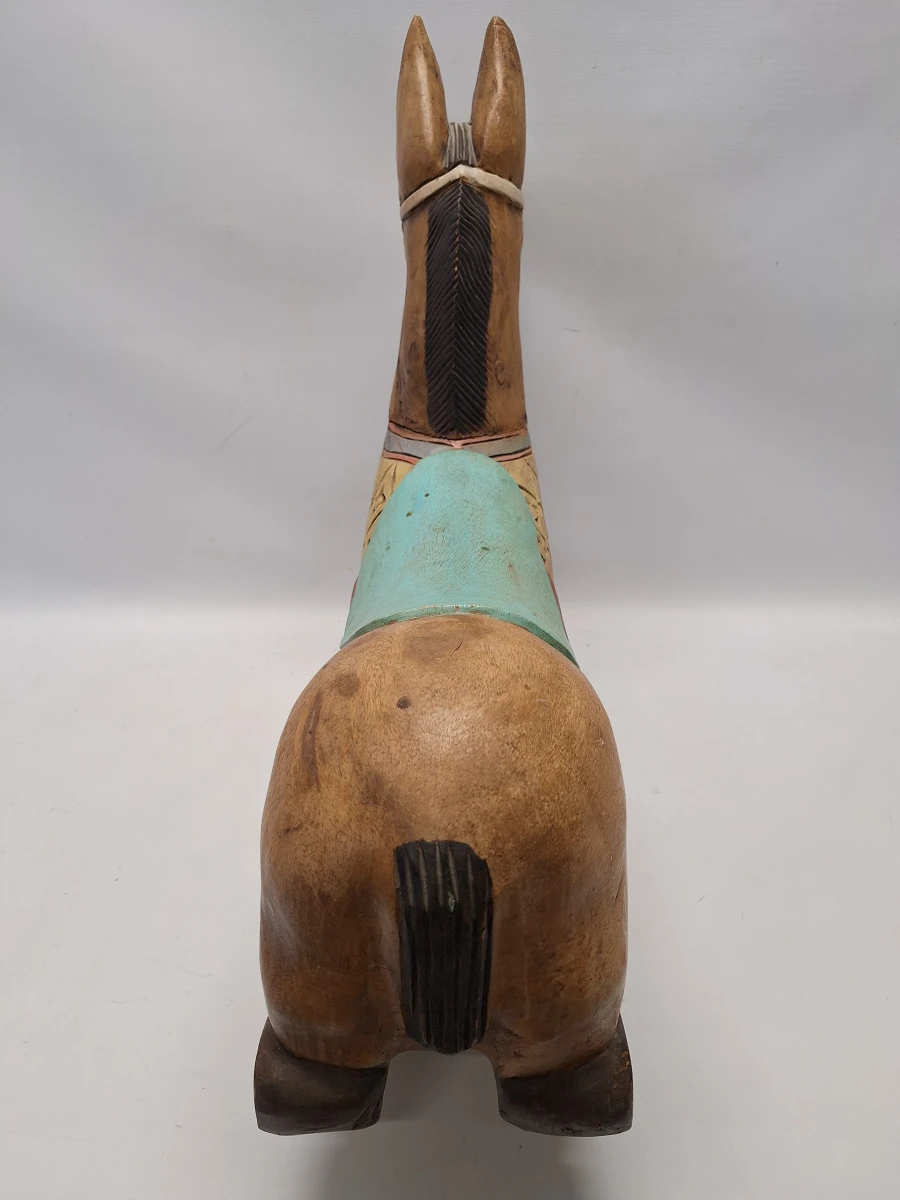 Vintage handgesneden houten schommelezel - beschilderd Aziatisch decoratiestuk - foto 4
