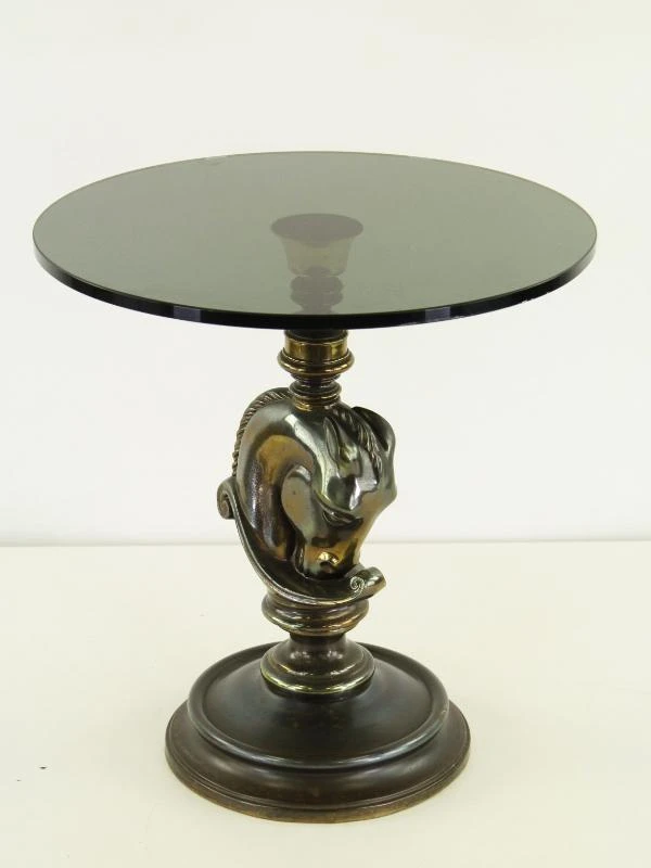 Hollywood Regency Bijzettafel met Paardenhoofd – Messing & Rookglas – Jaren '70 - foto 2
