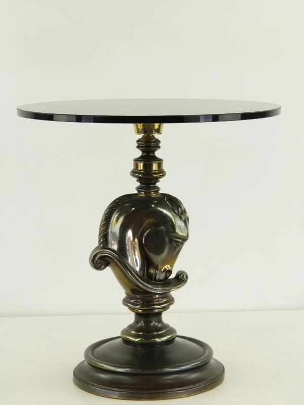 Hollywood Regency Bijzettafel met Paardenhoofd – Messing & Rookglas – Jaren '70 - foto 3