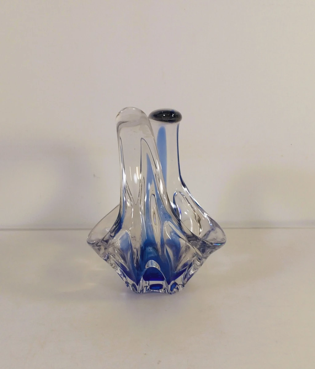 Vintage mondgeblazen glaskorf in helder en kobaltblauw glas - foto 3