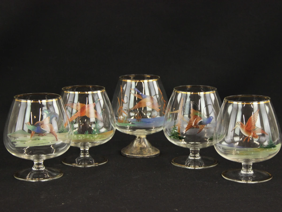 Set van 5 vintage cognacglazen met eendenmotief - foto 3