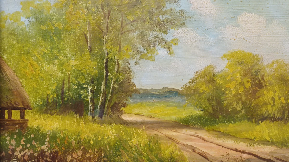 Set van 2 olieverfschilderijen met landelijke landschappen in sierlijke lijst - foto 5