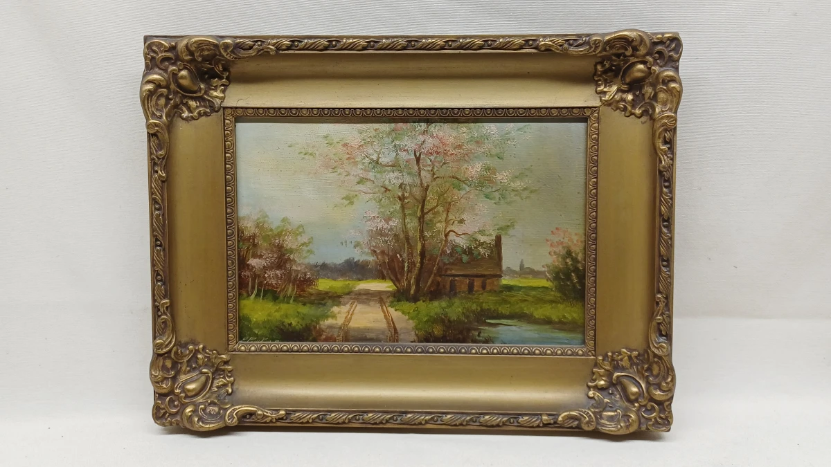 Set van 2 olieverfschilderijen met landelijke landschappen in sierlijke lijst - foto 6
