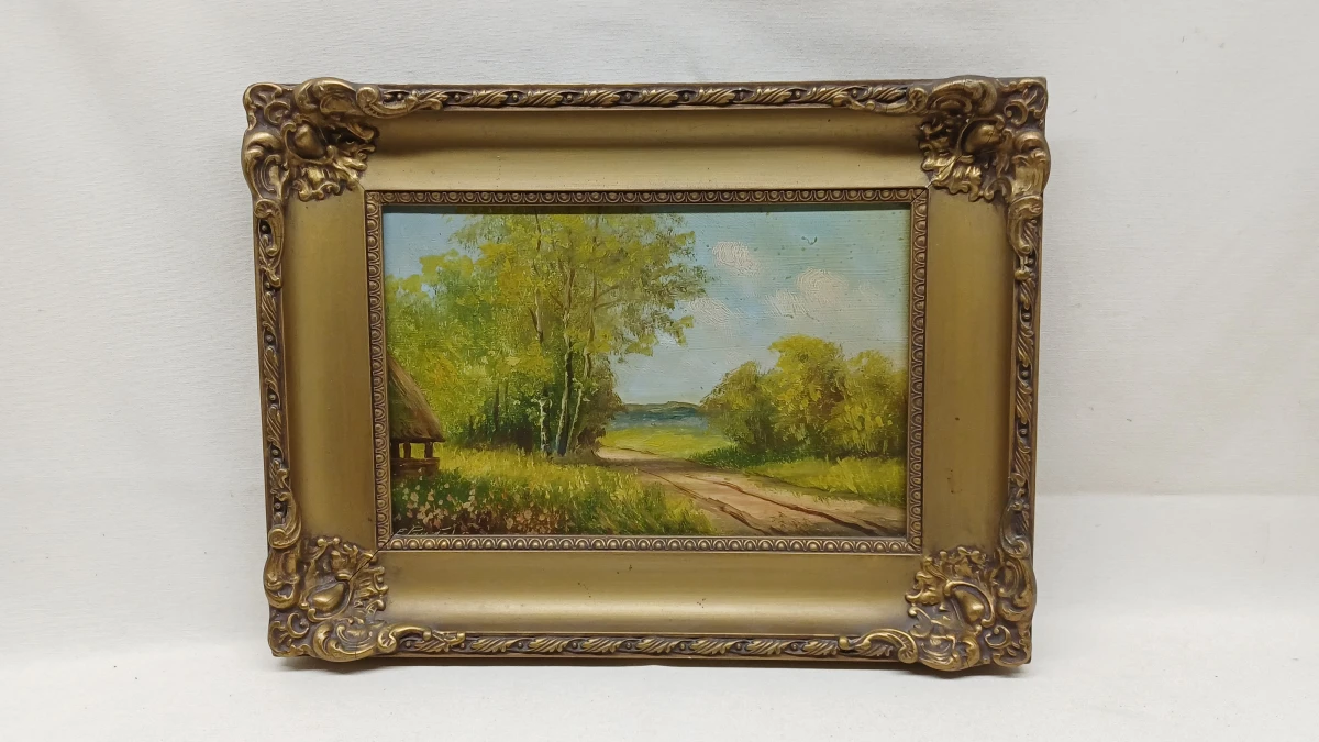 Set van 2 olieverfschilderijen met landelijke landschappen in sierlijke lijst - foto 2