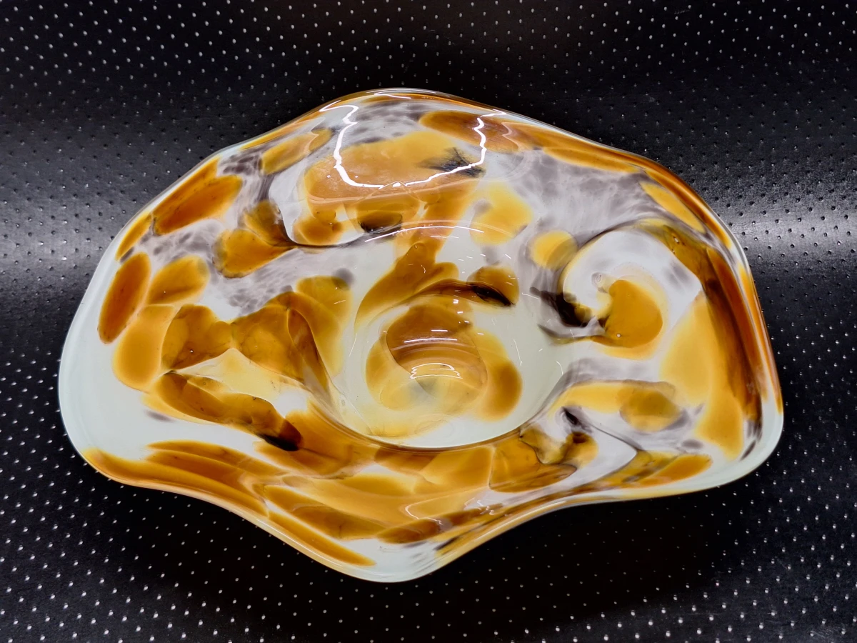 Vintage Glazen Schaal met Amber-wit Vlekkenpatroon - Roman Glassworks Linz - foto 2