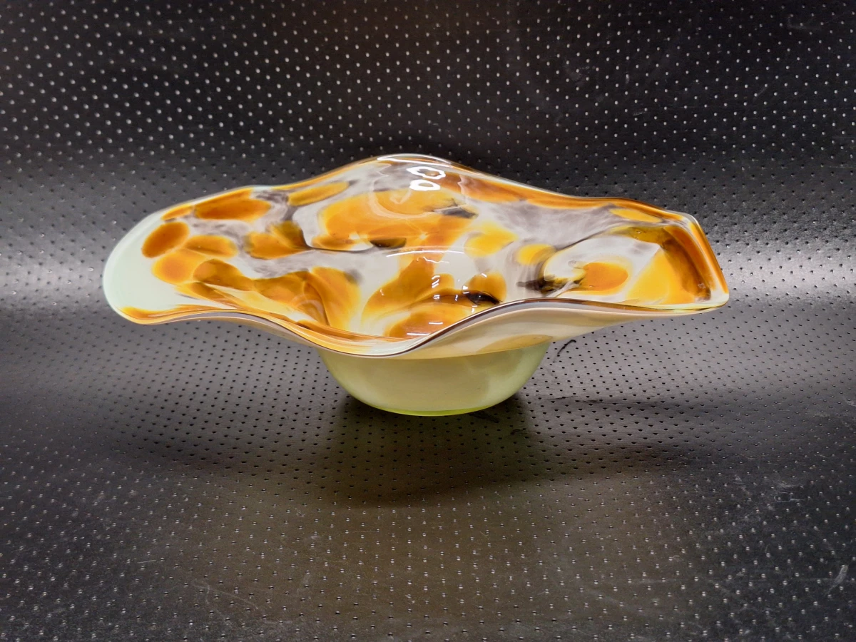 Vintage Glazen Schaal met Amber-wit Vlekkenpatroon - Roman Glassworks Linz - foto 3