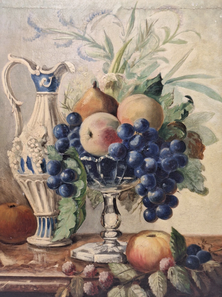 Antiek olieverfschilderij op houten paneel - stilleven met fruit en sierkan - foto 4