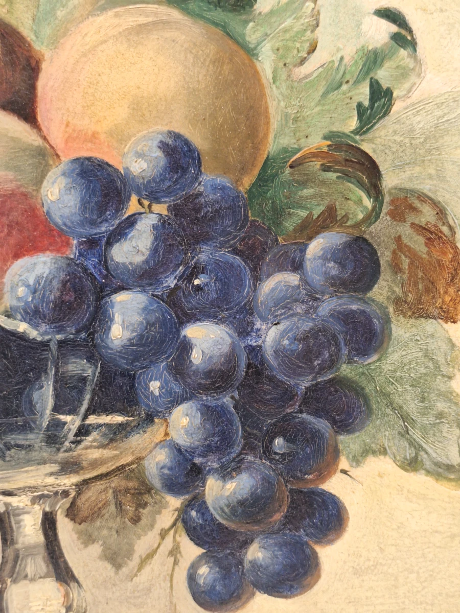 Antiek olieverfschilderij op houten paneel - stilleven met fruit en sierkan - foto 7
