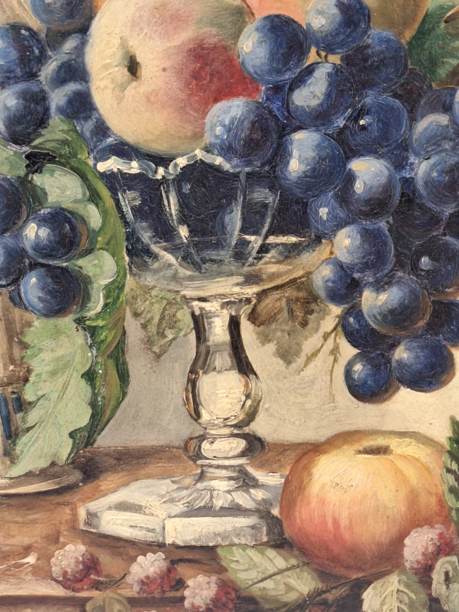 Antiek olieverfschilderij op houten paneel - stilleven met fruit en sierkan - foto 6