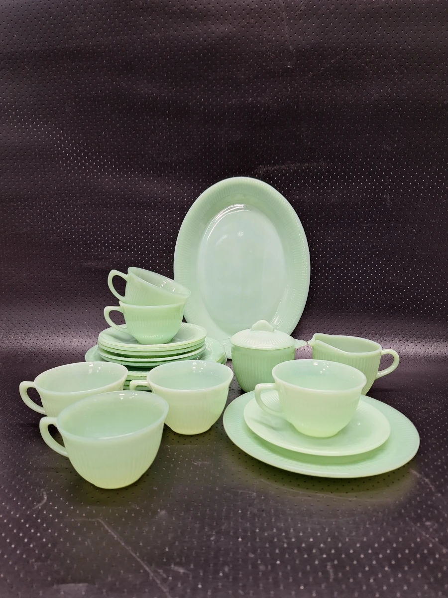 15-delig Vintage Fire-King Jadeite koffieservies - Anchor Hocking USA - groen melkglas - foto 2