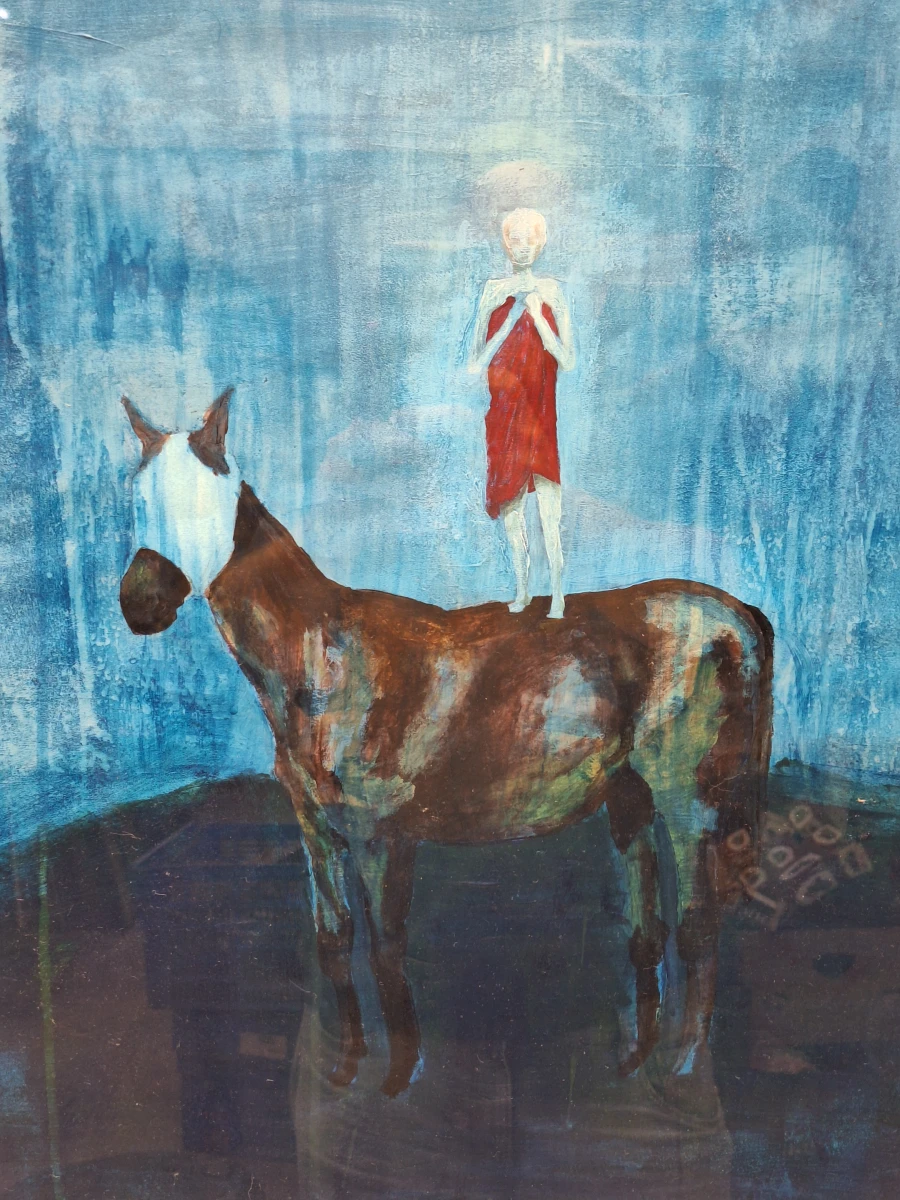 Mysterieus figuratief werk met paard en rode figuur - gemengde techniek in blauwtinten - foto 3