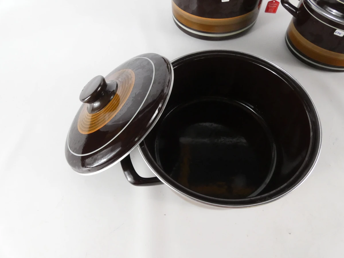 Set van 3 bruine geëmailleerde kookpotten met deksels - foto 4