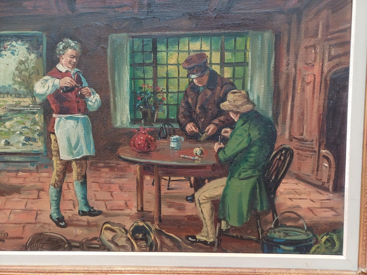 Olieverfschilderij met klassiek interieur en figuren: gesigneerd L.S. Deron - foto 3