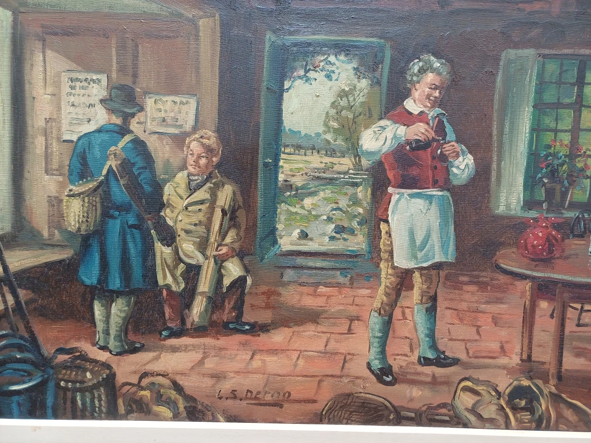 Olieverfschilderij met klassiek interieur en figuren: gesigneerd L.S. Deron - foto 2