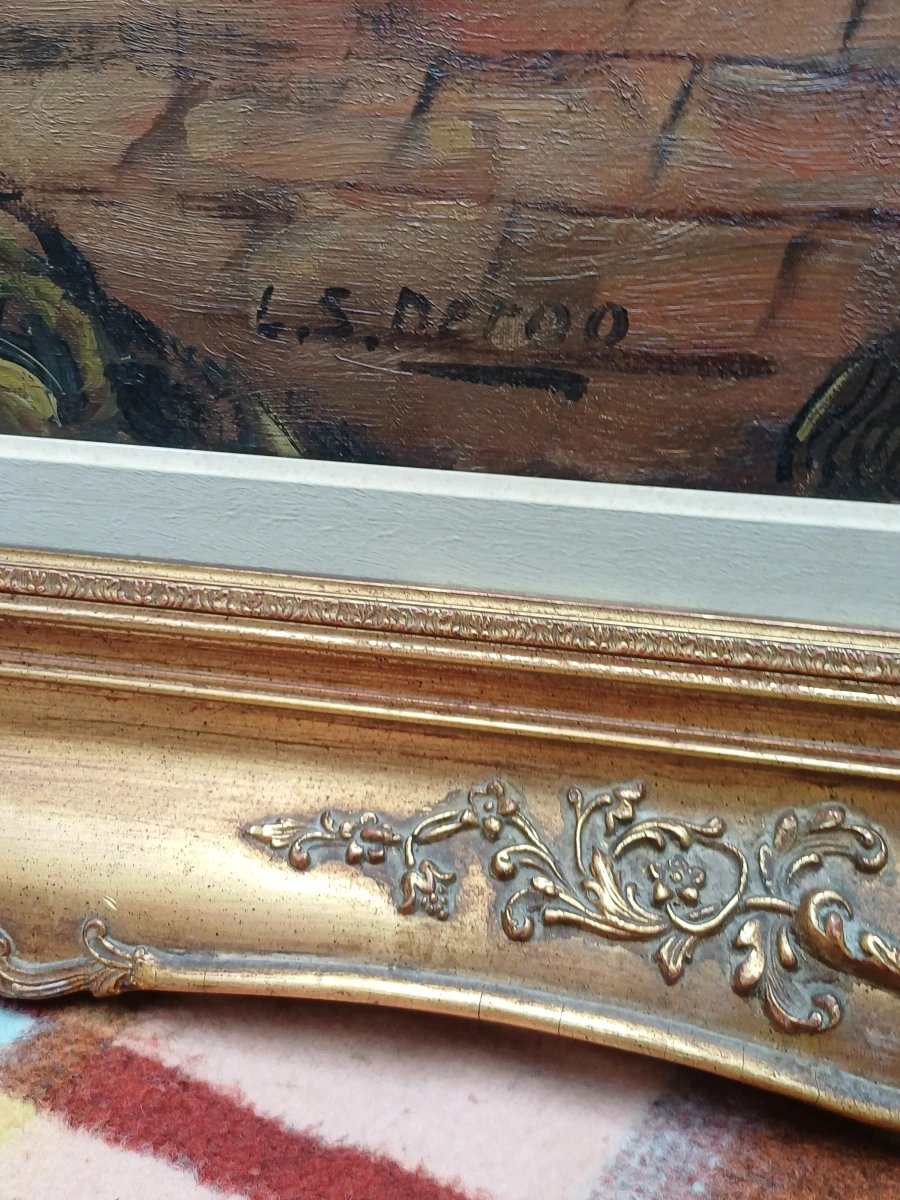 Olieverfschilderij met klassiek interieur en figuren: gesigneerd L.S. Deron - foto 4