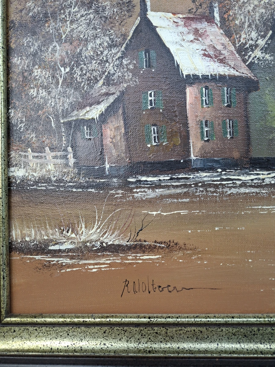 🎨 Origineel Olieverfschilderij R. Nolten – Sfeervol Winters Landschap met Watermolen 🎨 - foto 2