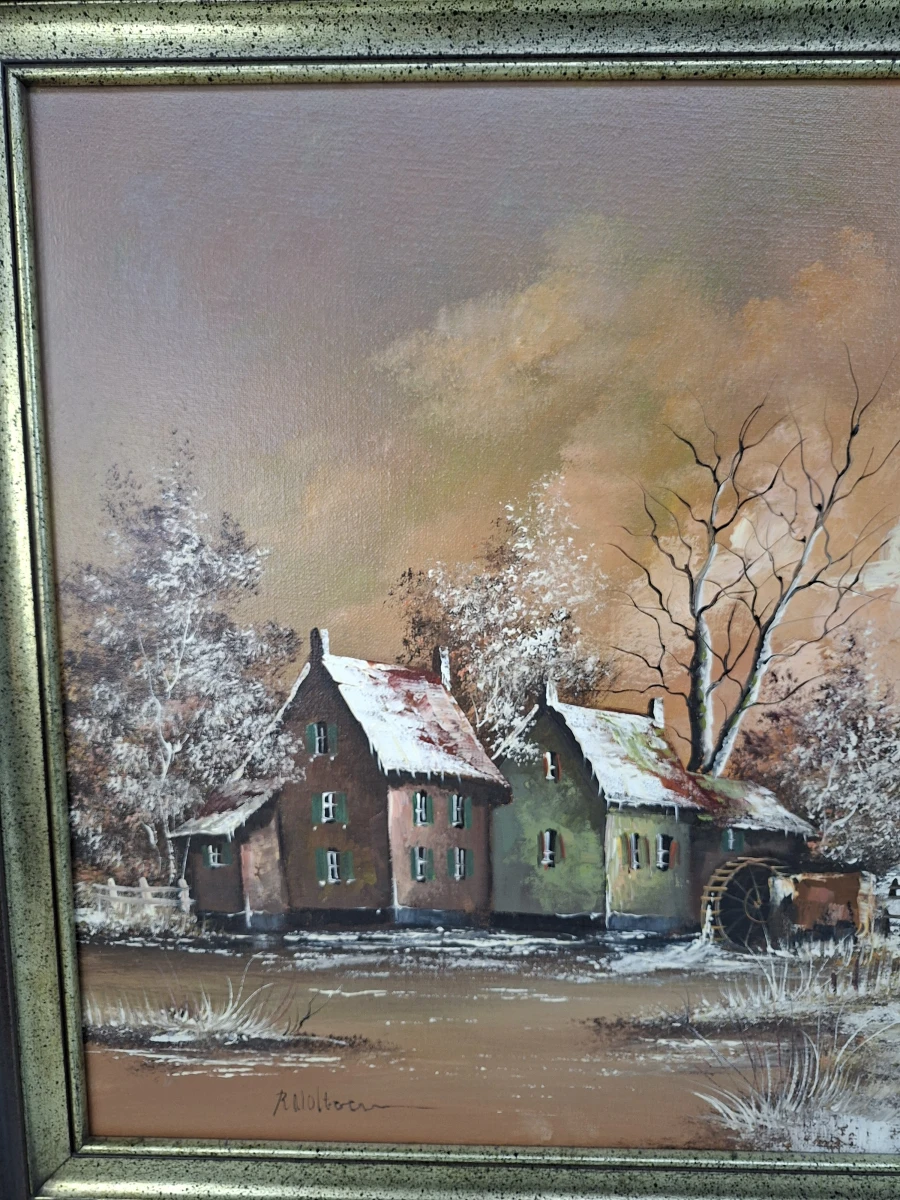 🎨 Origineel Olieverfschilderij R. Nolten – Sfeervol Winters Landschap met Watermolen 🎨 - foto 4