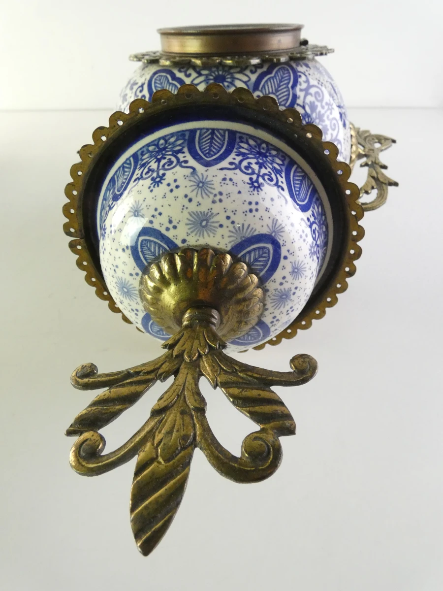 Vintage blauw-wit porseleinen klokstel met messing details - foto 7