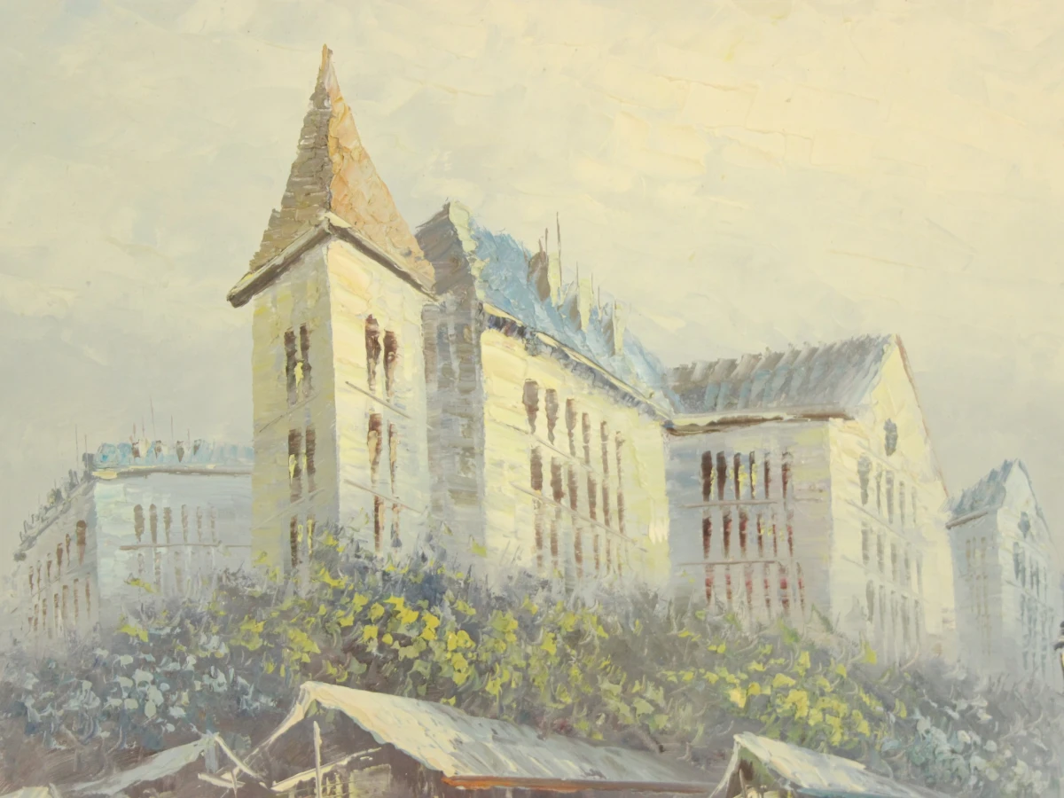 Olieverf schilderij van marktplein in een stad - Caroline Burnett 1877-1950 - foto 3