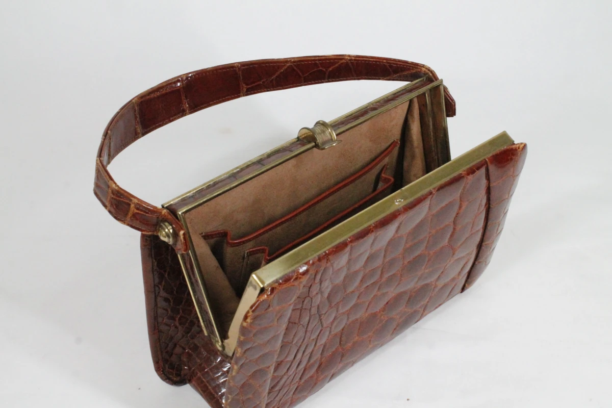 Vintage bruine handtas met krokodillenprint - foto 5