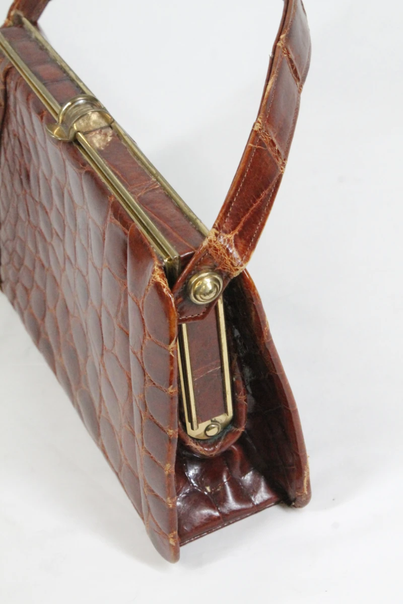 Vintage bruine handtas met krokodillenprint - foto 4