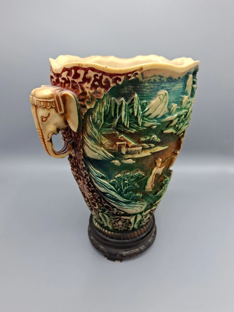 🏺 Antieke Chinese Polychrome Cinnaber / Hars Vaas met Olifantenoren 🏺 - foto 2