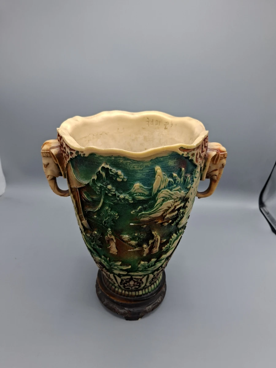 🏺 Antieke Chinese Polychrome Cinnaber / Hars Vaas met Olifantenoren 🏺 - foto 4
