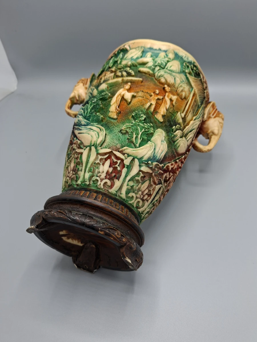 🏺 Antieke Chinese Polychrome Cinnaber / Hars Vaas met Olifantenoren 🏺 - foto 3