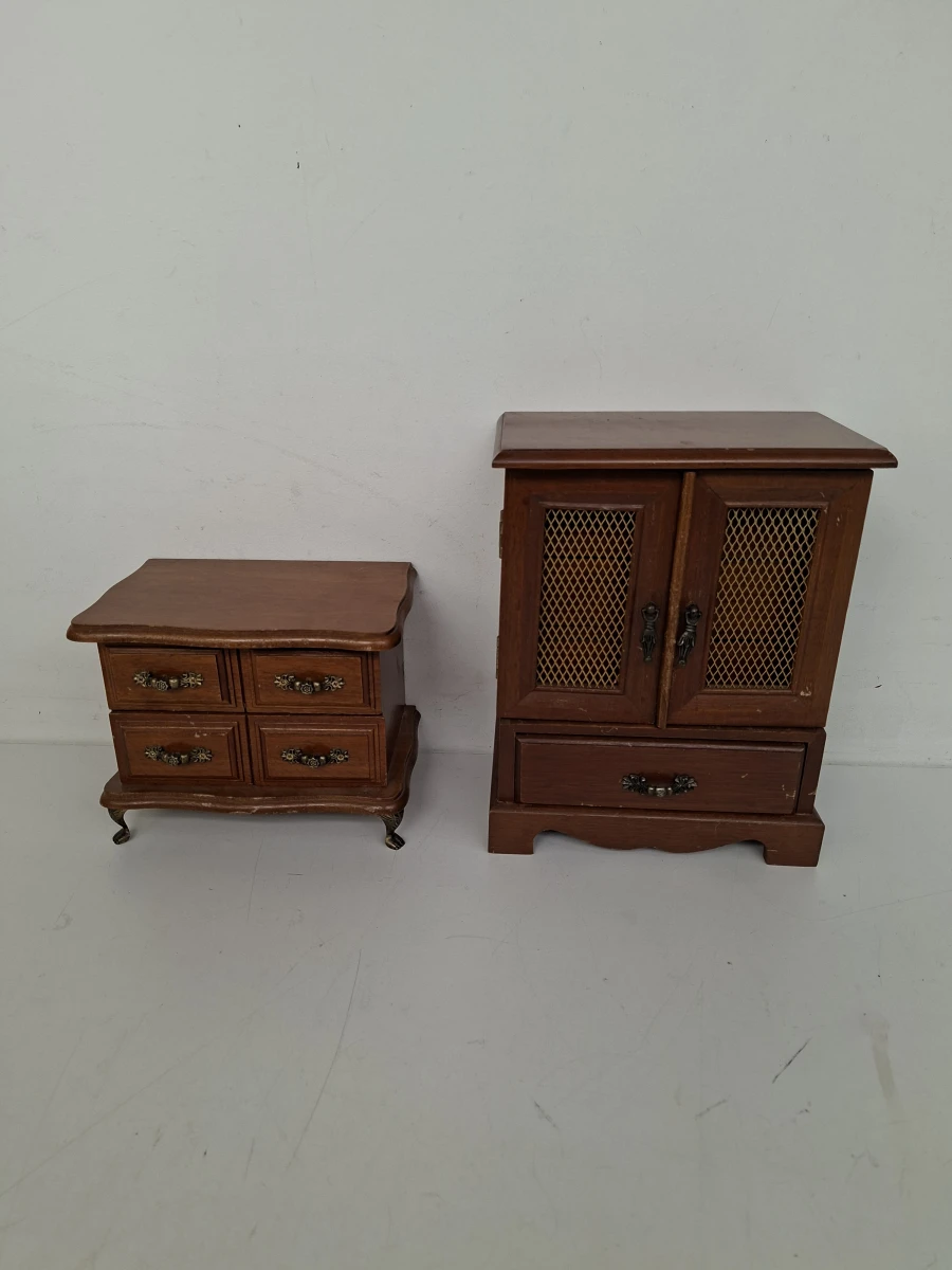 💎Set van 2 Vintage Houten Juwelendoosjes – Miniatuur Meubeltjes met Spiegel & Laden 🗄️ - foto 4