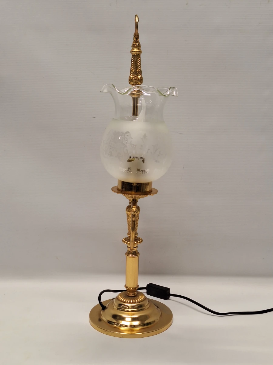 Vintage Massive tafellamp - Messing studentenlamp met gedecoreerde glazen kap, jaren ’70/’80 - foto 13