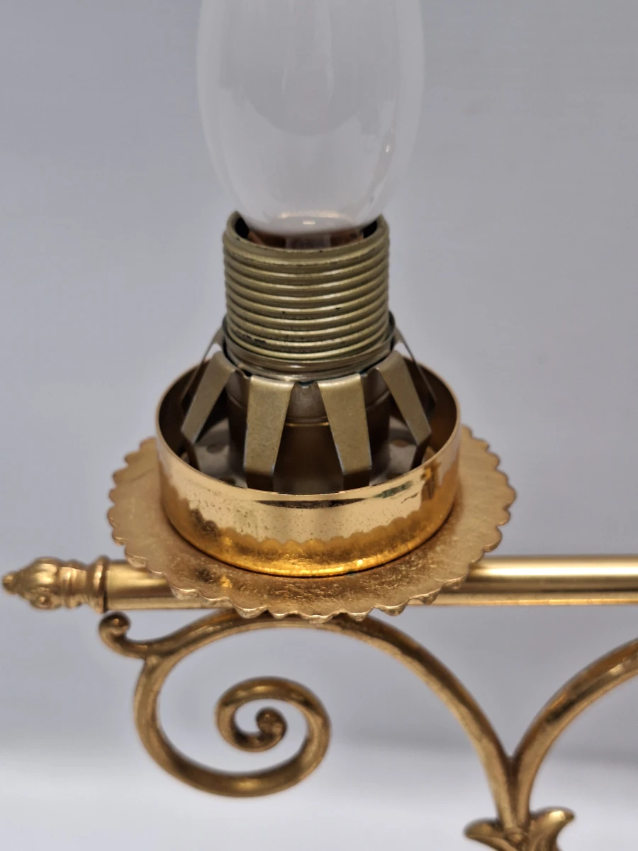 Vintage Massive tafellamp - Messing studentenlamp met gedecoreerde glazen kap, jaren ’70/’80 - foto 15