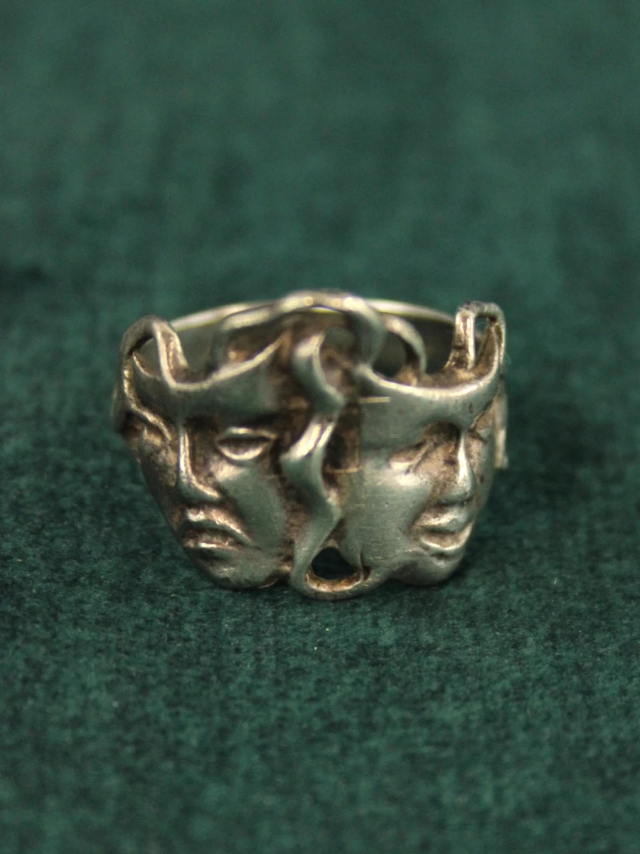 Vintage sterling zilveren ring met theatermaskers – Komedie & Tragedie - foto 4