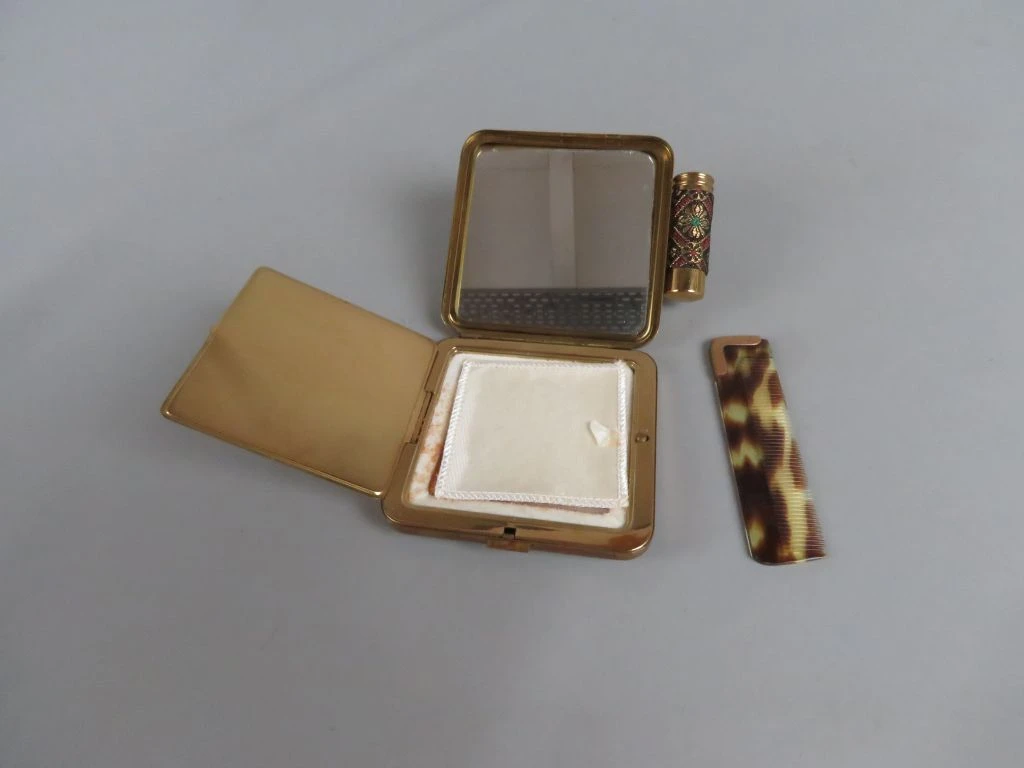 Vintage dames compact met spiegel, kam en parfumflesje - foto 2